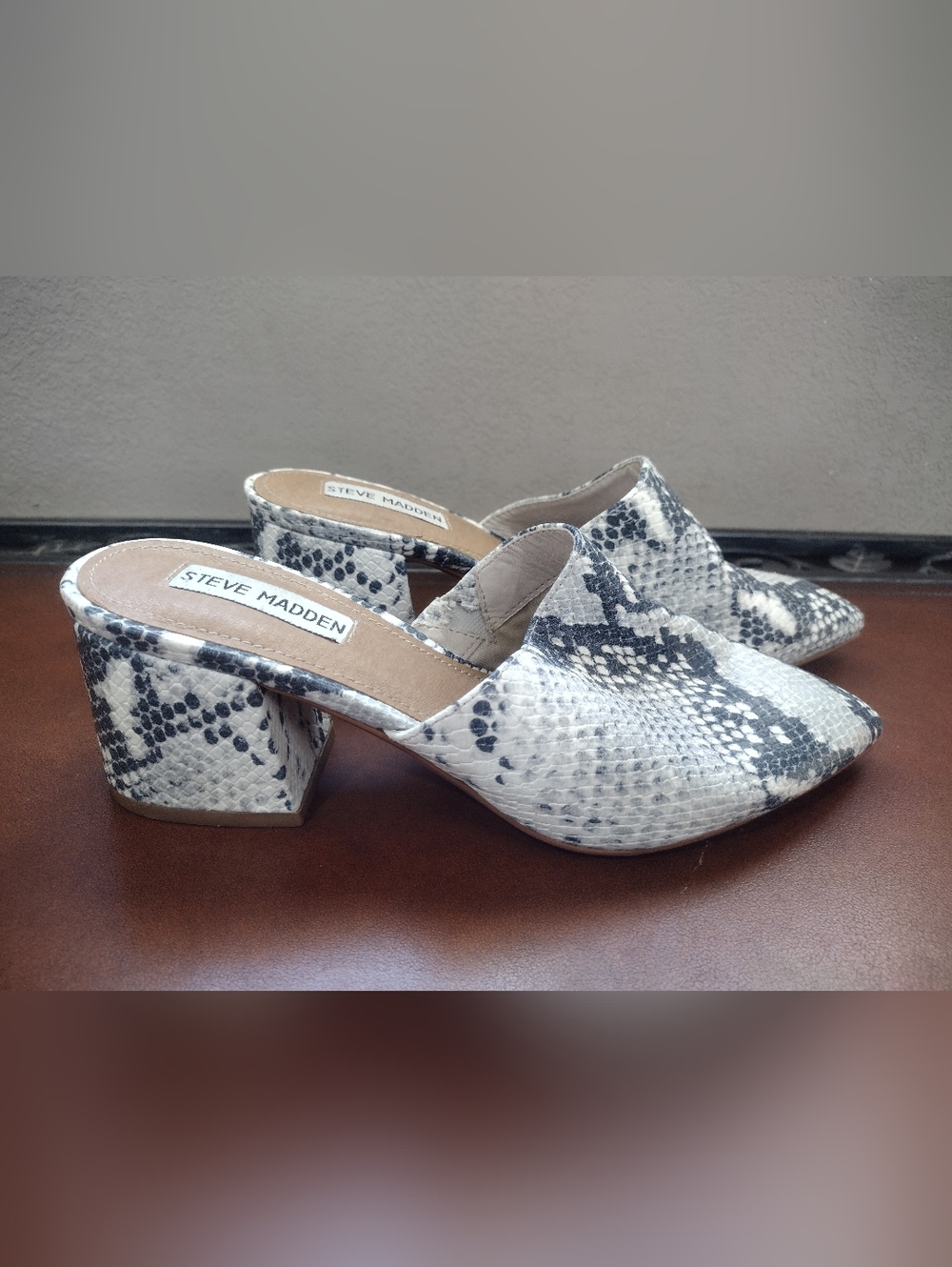 Steve Madden White Snake-Print Block Low Heel Mules